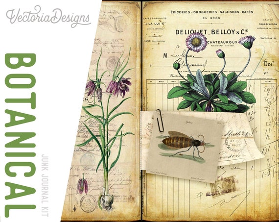 Botanical Junk Journal, Junk Journal Supplies, Cottagecore Journal Kit,  Scrapbook Paper, Herbs Journal Kit, Journaling Paper, DIY 001961