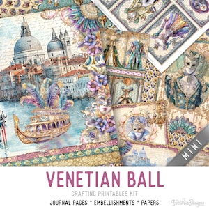 Venetian Ball Junk Journal Kit MINI, Carnival Crafting Printables Kit Venetian Embellishments Printable Paper Craft Kit Crafts - 003299