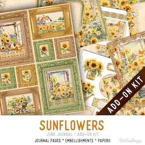 Sunflowers Junk Journal Kit ADD-ON, Printable Junk Journal Pages Journal Kit Craft kits Vintage Junk Journal 003576