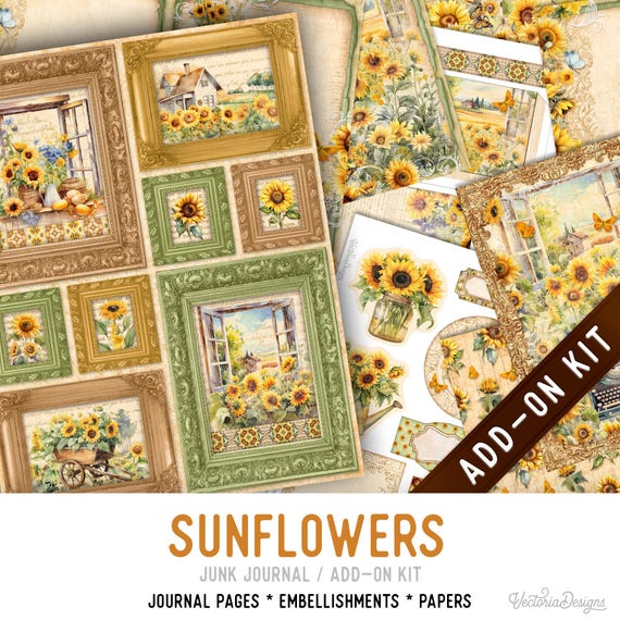 Sunflowers Junk Journal Kit, Printable Pages Embellishments Papers (Add-On) - 003576