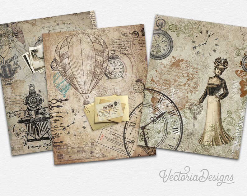 Puede incluir: Tres papeles digitales de estilo vintage con tem&aacute;tica steampunk. Los papeles presentan un globo aerost&aacute;tico, un tren, relojes y una mujer con un vestido vintage. Los papeles est&aacute;n en tonos marrones, beige y crema.