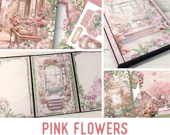 Pink Flowers Junk Journal Kit, Pink Flowers Crafting Printables Kit Crafting Flower Embellishments Printable Crafts Paper Tutorial 003624