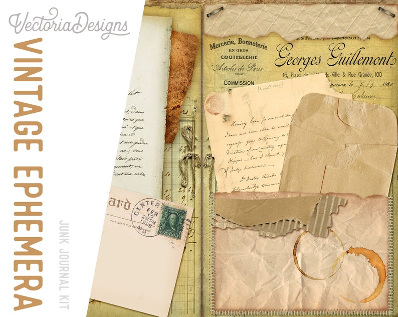 Download Vintage Ephemera Junk Journal Kit Printable Journal Diy Kit Etsy PSD Mockup Templates
