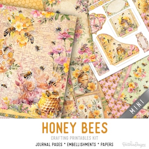 Honey Bees Junk Journal Kit MINI, Honey Bees Crafting Printables Kit Honey Embellishments Printable Paper Bees Craft Kit Craft - 003285