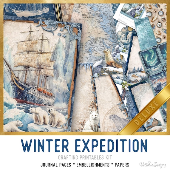 Winter Expedition Junk Journal Kit (DELUXE) - Printable Pages, Papers and Embellishments for Crafting - 003908
