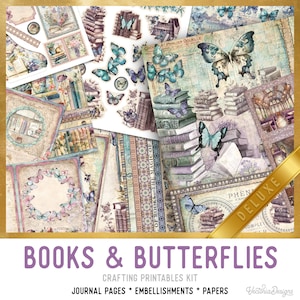 Books & Butterflies DELUXE Junk journal Kit Crafting Printables Kit Butterfly Junk Journal Books Embellishments Butterfly Paper Craft 003034