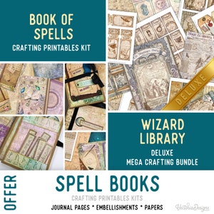 Op de afbeelding: Een collage van knutselafdrukken met een fantasiethema. De afbeelding bevat journaalpagina's, versieringen en papieren. Tekst omvat "Book of Spells", "Wizard Library" en "Spell Books". Het kleurenpalet bevat bruin, blauw en paars.