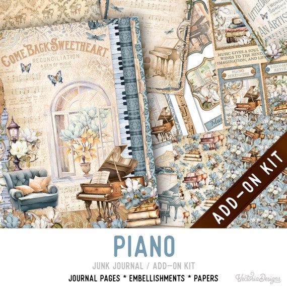 Piano Junk Journal Kit ADD-ON, Printable Pages, Embellishments, Papers - 003346