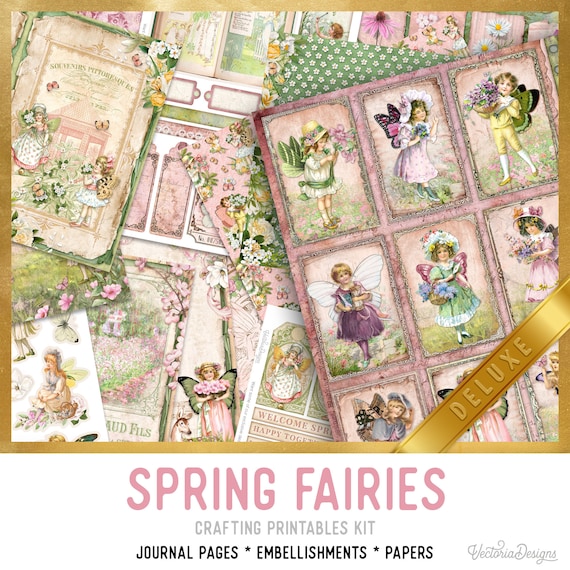 Spring Fairies Junk Journal Kit DELUXE - Printable Pages, Papers and Embellishments for Crafting - 002923