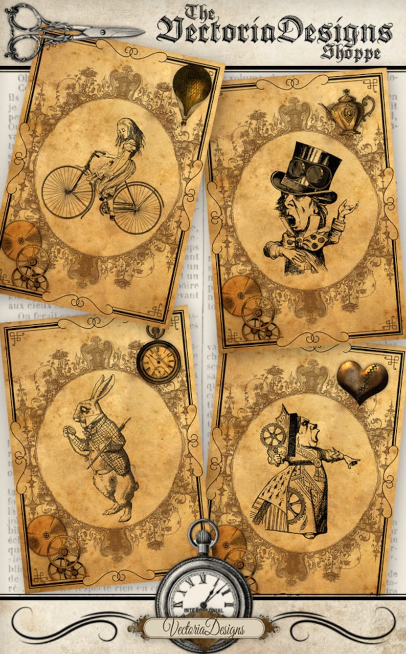 Printable Steampunk Alice in Wonderland Cards paper crafting digital download instant download digital collage sheet 001202 image 1