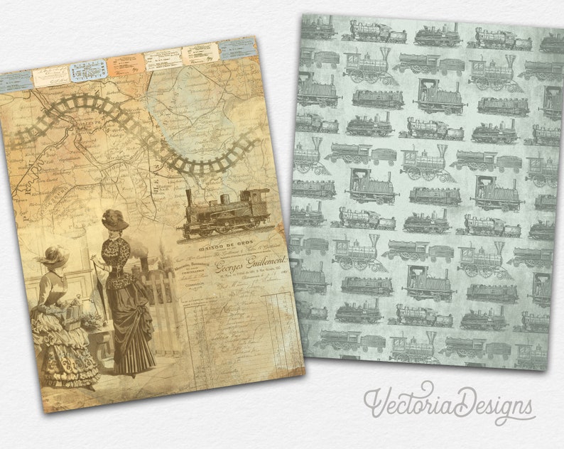 May include: A vintage style digital paper pack with two designs. The first design features a map with train tracks, two women in vintage clothing, and a train engine. The second design features a repeating pattern of vintage train engines on a light blue background. The text "Servicios Encomienda" is visible on the first design.