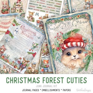 Christmas Forest Cuties Junk Journal Kit Printable Junk Journal Kit Christmas Embellishments Christmas Junk Journal Papers Craft kit 003069 image 1