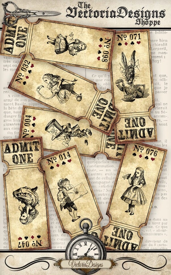 alice in wonderland printable tickets 1 100 raffle digital etsy
