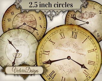 Vintage Clock 2.5 inch images with without handles instant download digital collage sheet 000683