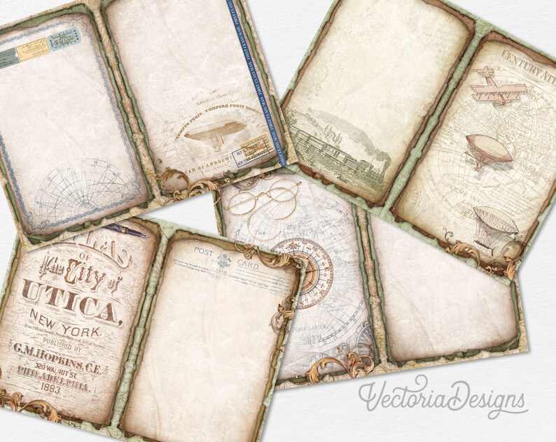 May include: A collection of vintage-style paper ephemera with aged edges. The designs include maps, compass roses, and illustrations of a train, airplane, and airship. Some pieces feature text, including "The City of Utica, New York" and "Post Card."