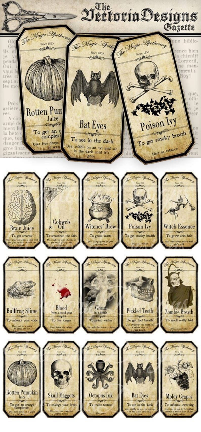 May include: A set of 16 printable Halloween potion bottle labels featuring vintage illustrations and text. The labels include names like "Rotten Pumpkin Juice", "Bat Eyes", "Witches' Brew", and "Zombie Breath".