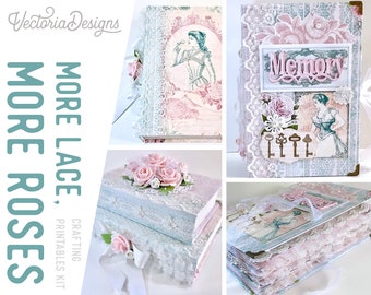 More Lace More Roses Crafting Printables Kit, Roses Junk Journal, Embellishments, Printable Paper Pack, Craft Kits, Journal Tutorial 002387