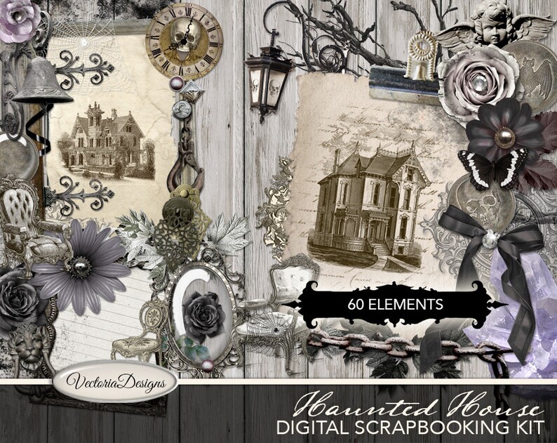 Haunted House Digital Scrapbooking Kit Digital Scrapbook Kit Halloween papers elements backgrounds alpha digital download 001774 image 3