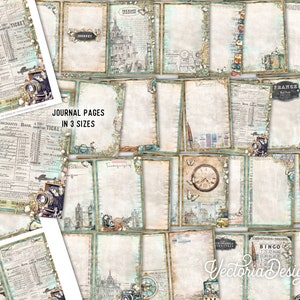 May include: A set of printable journal pages featuring vintage travel and transportation themed designs. The pages are available in three sizes and feature a variety of elements, including clocks, cameras, luggage, and tickets. The pages are perfect for scrapbooking, journaling, or other creative projects.