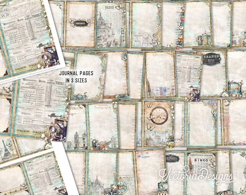 May include: A set of printable journal pages featuring vintage travel and transportation themed designs. The pages are available in three sizes and feature a variety of elements, including clocks, cameras, luggage, and tickets. The pages are perfect for scrapbooking, journaling, or other creative projects.