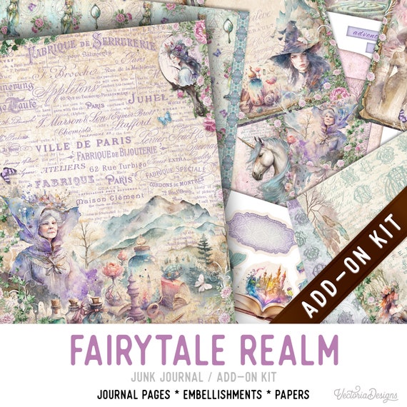 Fairytale Realm Junk Journal Kit ADD-ON, Printable Craft kit with Journal Pages, Embellishments and Papers - 003393
