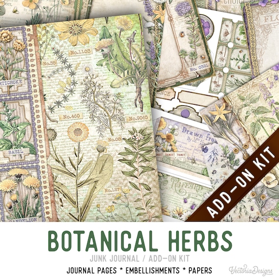 Botanical Herbs Junk Journal Kit ADD-ON, Printable Pages, Embellishments Papers - 003422