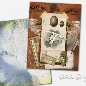 May include: A digital collage featuring a dragon head, a keyhole, an egg, an axe, and other vintage-style imagery. The background is a textured brown paper with a faded, worn look.