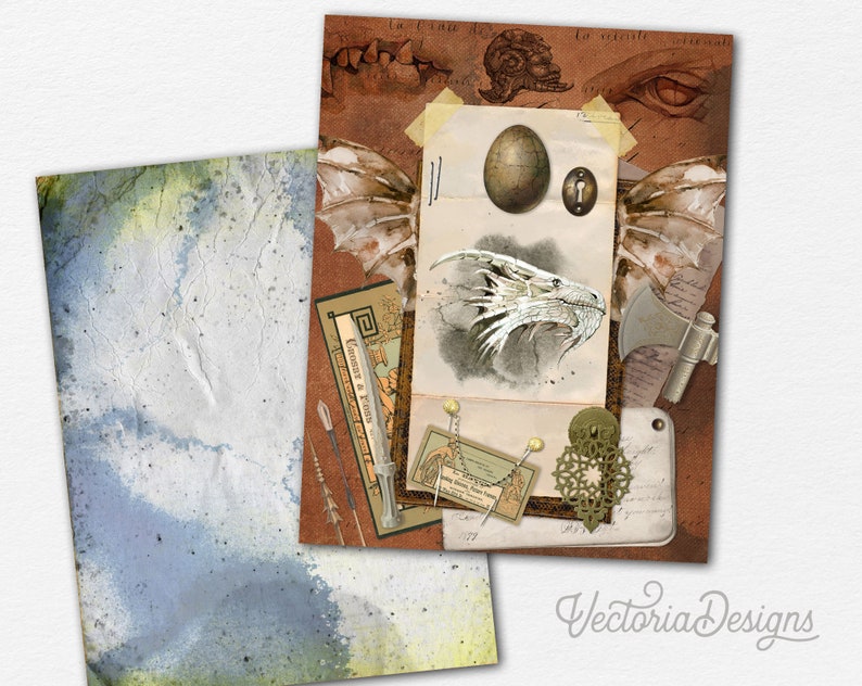 May include: A digital collage featuring a dragon head, a keyhole, an egg, an axe, and other vintage-style imagery. The background is a textured brown paper with a faded, worn look.