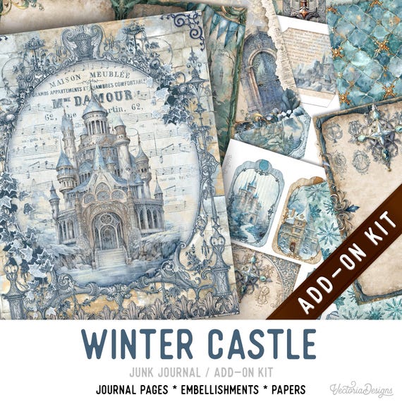 Winter Castle Junk Journal Kit, Printable Pages, Embellishments (Add-On) - 003616