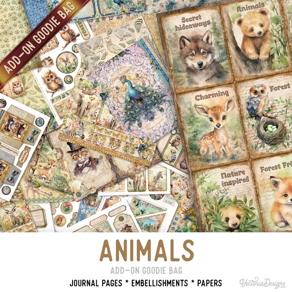 Animals Goodie Bag, Junk Journal Pages, Papers, Junk Journal Printables, Junk Journal Supplies, Printable Junk Journal Kit - 003293