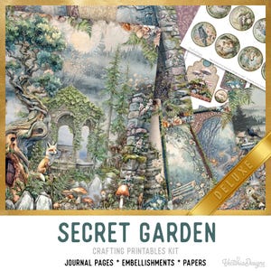 May include: A Secret Garden crafting printables kit with journal pages, embellishments, and papers. The kit features a detailed watercolor illustration of a garden scene with a fox, mushrooms, and a stone structure. The word "DELUXE" is printed on a gold ribbon.