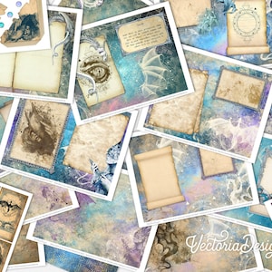 May include: A collection of digital paper designs featuring a celestial theme with dragons, stars, and a vintage aesthetic. The papers are perfect for scrapbooking, card making, and other crafting projects.