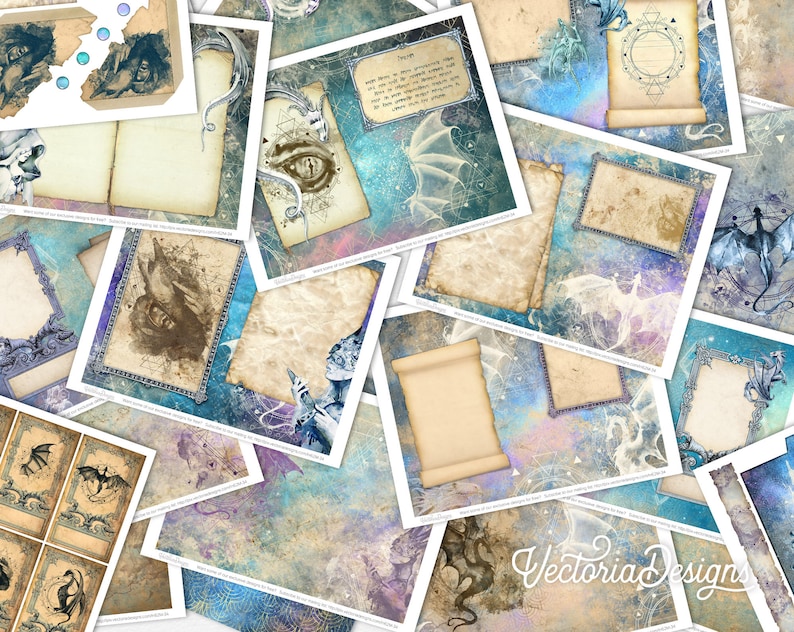 May include: A collection of digital paper designs featuring a celestial theme with dragons, stars, and a vintage aesthetic. The papers are perfect for scrapbooking, card making, and other crafting projects.