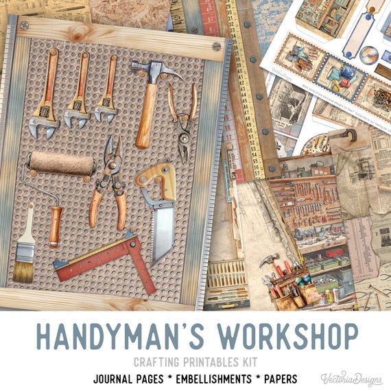 Handyman's Workshop Junk Journal Kit (Standard) - Printable Pages, Papers and Embellishments for Crafting - 003884