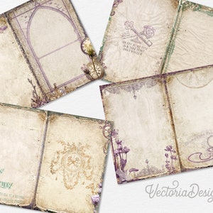 Op de afbeelding: Zes scrapbookpagina's in vintage stijl met sierlijke randen en bloemmotieven. De pagina's zijn blanco en klaar voor journaling, foto's en andere versieringen. De tekst op &eacute;&eacute;n pagina luidt "De sleutel tot mijn verleden ligt in jouw handen, laat hem niet los."