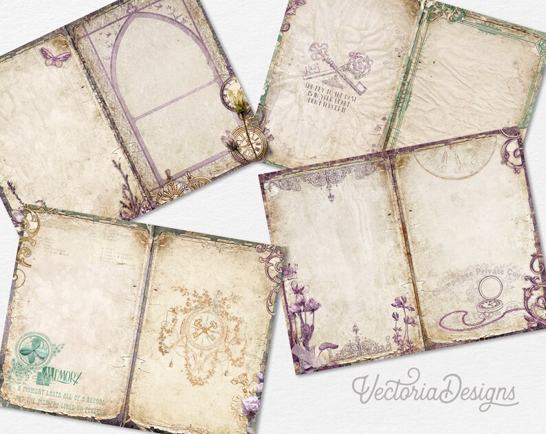 Op de afbeelding: Zes scrapbookpagina's in vintage stijl met sierlijke randen en bloemmotieven. De pagina's zijn blanco en klaar voor journaling, foto's en andere versieringen. De tekst op &eacute;&eacute;n pagina luidt "De sleutel tot mijn verleden ligt in jouw handen, laat hem niet los."