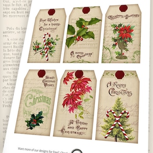 May include: Six vintage Christmas gift tags with different designs. The tags feature holly, poinsettias, candy canes, and a Christmas tree. The tags are printed on a cream-colored background with a distressed look. The text on the tags includes "Best Wishes for a Happy Christmas", "A Merry Christmas", "Christmas Greetings", "Hearty Christmas Wishes", "A Happy Christmas", and "A Bright and Happy Christmas".