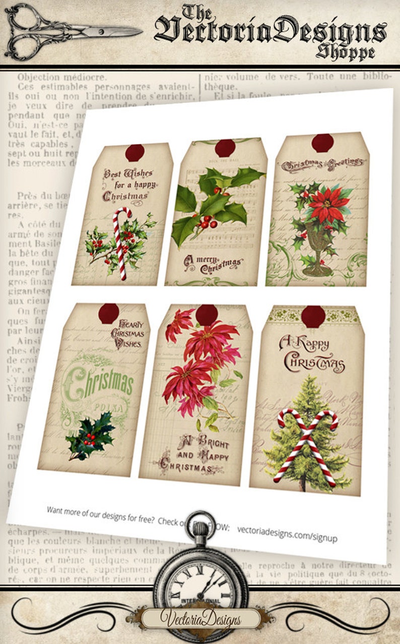 May include: Six vintage Christmas gift tags with different designs. The tags feature holly, poinsettias, candy canes, and a Christmas tree. The tags are printed on a cream-colored background with a distressed look. The text on the tags includes "Best Wishes for a Happy Christmas", "A Merry Christmas", "Christmas Greetings", "Hearty Christmas Wishes", "A Happy Christmas", and "A Bright and Happy Christmas".