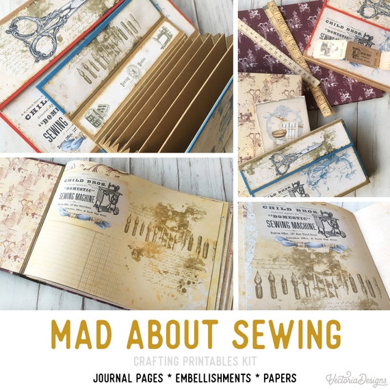 Mad About Sewing Junk Journal Kit- Printable Pages, Papers and Embellishments for Crafting - 002016
