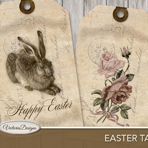 Easter Printable Tags, Easter Decoration, Gift Tags, Easter Download, Bunny Tags, Flower Tags, Easter Printable, Vintage Easter Tags 000358 image 1