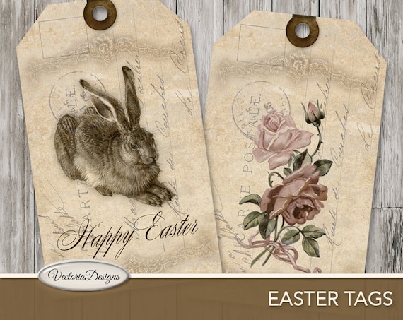 Vintage Easter Printable Gift Tags, Bunny and Flowers (JPG, PDF) - 000358