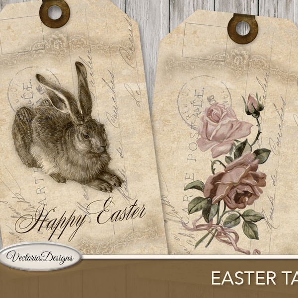 Ostern Printable Tags, Osterdekoration, Geschenkanhänger, Ostern Download, Hasen Tags, Blumen Tags, Ostern Printable, Vintage Ostern Tags 000358