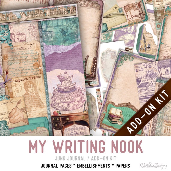 My Writing Nook Junk Journal Kit ADD-ON, Printable Craft kit with Journal Pages, Embellishments and Papers - 003220
