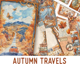 Autumn Travels Junk Journal Kit, Autumn Crafting Printables Autumn Travel Embellishments Paper Autumn Junk Journal 003735