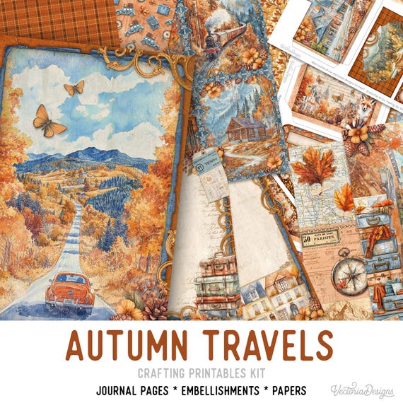 Autumn Travels Junk Journal Kit (Standard) - Printable Pages, Papers and Embellishments for Crafting - 003735