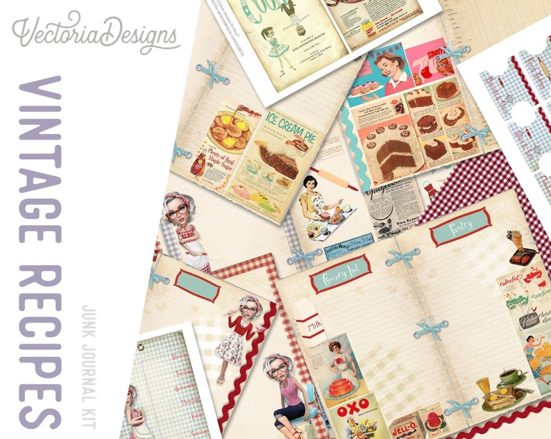 May include: A vintage-style junk journal kit with a red, white, and blue gingham pattern. The kit includes pages with recipes, grocery lists, and party planning sections. The pages are decorated with images of vintage women, food, and household items.