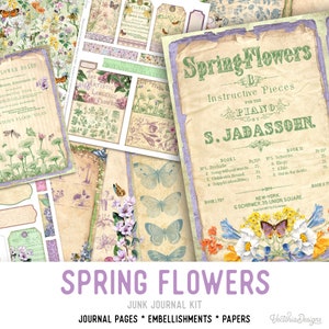 May include: A junk journal kit with a vintage aesthetic. The kit includes journal pages, embellishments, and papers. The design features floral and butterfly illustrations, with text that reads "Spring Flowers". The color palette includes shades of green, purple, and beige.