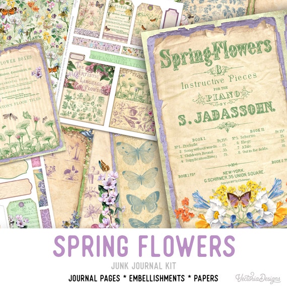 Spring Flowers Junk Journal Kit- Easter Printable Pages for Crafting - 002398