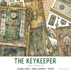 May include: A selection of steampunk-themed junk journal kit elements. The image showcases journal pages, embellishments, and papers with a vintage aesthetic. The colour palette includes greens, browns, and golds, with intricate details of keys, gears, and clock faces. The text reads "THE KEYKEEPER".