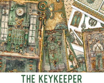 May include: A junk journal kit titled THE KEYKEEPER featuring printed pages and embellishments with illustrations of antique keys, clock faces, ornate green doors, and a person in suspenders, all rendered in a vintage, weathered aesthetic.